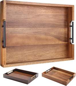 Grand plateau de service en bois rectangulaire avec poignées en métal pour plateau de service Assiette à thé Boissons Snacks Plateaux de service en bois élégants - Product Image 1