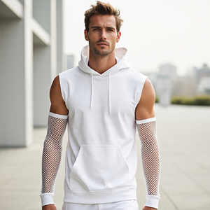 เสื้อตาข่ายมีฮู้ดสำหรับผู้ชาย, เสื้อแขนกุดตาข่ายแบบสวมหัวสำหรับออกกำลังกายเพาะกาย - Product Image 4