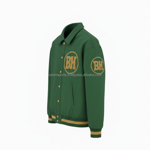 Veste universitaire en mélange de laine Premium 450 GSM Logo de broderie en chenille personnalisé Vestes universitaires pour femmes en tricot côtelé vert or - Product Image 4