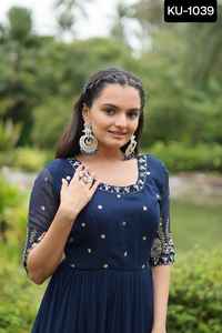 Indian Ethnic Wear Faux Blooming with Embroidery Zari Sequins Work Anarkali Readymade Gowns with Plus Size Available for Women - Product Image 3