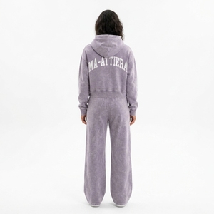 Custom Women Acid Wash Lavender <b>Crop</b> Hoodie Wide Leg <b>Jogger</b> Set Cotton Fleece Streetwear Tracksuit OEM Wholesale - Product Image 2
