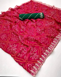 Saree léger en mousseline de soie Soft Bandhej avec bordure brodée et chemisier fantaisie contrasté pour adultes - Product Image 1
