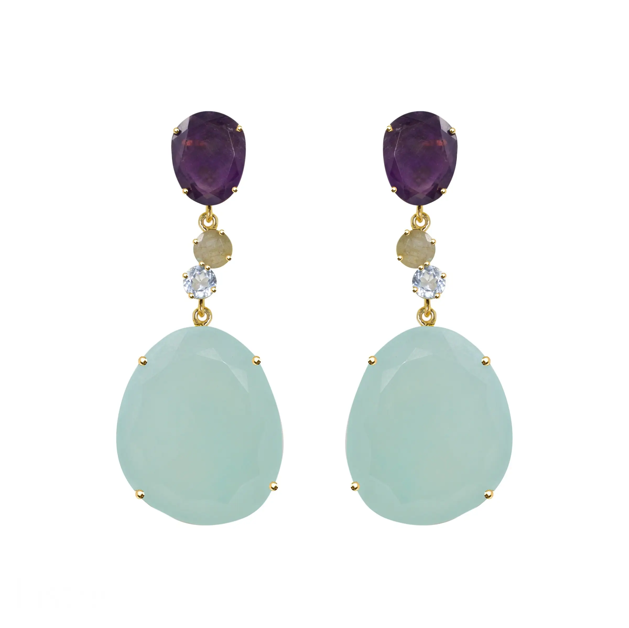 อควา Chalcedony And Amethyst ต่างหูเงินแท้925ชุบทองต่างหูหินควอตซ์และพลอยเงิน