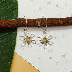 Handmade 925 Sterling Silver Fine Dangle <b>Earrings</b> <b>Citrine</b> Cabochon Flower Design <b>Citrine</b> Gemstone Elegant Floral Silver Jewelry - Product Image 1