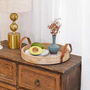 Round Decorative <b>Tray</b> for Home Decor,Boho Coffee Table <b>Tray</b> Decor for Living Room, Wooden <b>Tray</b> for Decor <b>with</b> <b>Handles</b> - Product Image 4