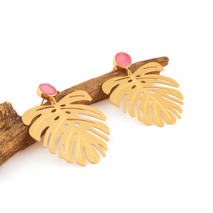 Latest Fashion Gold Plated Designer Leaf With pink Sugar Druzy Hanging Push <b>Back</b> Stud <b>Earrings</b> Plain Metal Leaf Dangle <b>Earrings</b> - Product Image 3