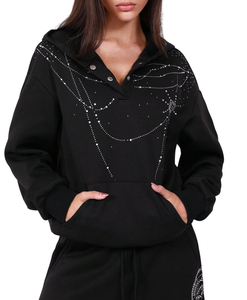 Sudadera con capucha de forro polar térmico de invierno con cremallera completa de diamantes de imitación negros ostentosos de moda personalizados de alta calidad Unisex 100% algodón - Product Image 6