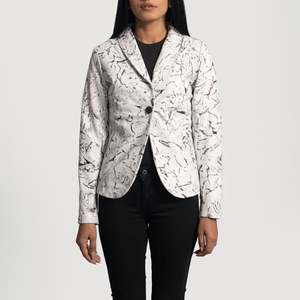 White Knitted Leather Blazer with <b>Single</b> Button Closure Print & Embroidery Plus Size - Product Image 1
