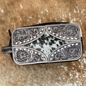 Wholesale Custom Hair on Tooled <b>Leather</b> Large Capacity Travel <b>Make</b> <b>up</b> Toiletry Cosmetic <b>Bags</b> High Quality Cowhide Toiletry Pouch - Product Image 3
