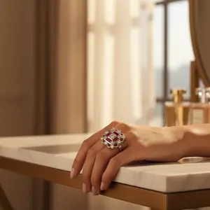 แหวนเงินประดับทับทิมและเพชรสำหรับผู้หญิง ดีไซน์เรขาคณิตทรงเหลี่ยม ชุบทอง 18K สไตล์โรแมนติกทันสมัย - Product Image 2