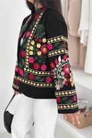 Veste courte femme noire ethnique folklorique, style bohème floral, broderie Suzani, teinte, 100% coton, écologique, infroissable et respirante