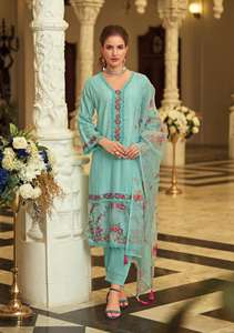 Vente en gros pur coton indien et pakistanais ensemble de vêtements d'exportation à la mode fantaisie broderie travail Organza Dupatta & Kurtis Pent - Product Image 4