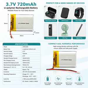 Batterie LiPo OEM/ODM 3,7 V 720 mAh pour enregistreur vocal et mini-ventilateur, 500 cycles - Product Image 2