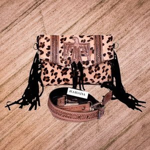 Flying Eagle Sac à bandoulière en cuir gaufré imprimé léopard fait à la main en fourrure de cheveux avec bandoulière assortie usinée à la main - Product Image 1