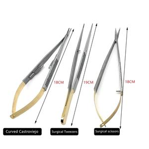 Ensemble de 3 instruments Castroviejo en acier inoxydable : porte-aiguilles micro-courbé, ciseaux et pinces à ligature, instrument manuel - Product Image 2