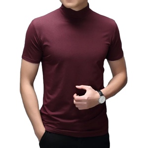 Nouvelle tendance été hommes demi col haut coton mercerisé à manches courtes corps mince T-Shirt hommes couleur unie Modale col haut - Product Image 1
