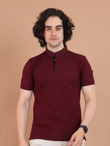 Best Quality Maroon <b>Mandarin</b> <b>Collar</b> Half Sleeve T-<b>Shirt</b> for Men Comfortable Everyday Wear for Casual & Semi Formal Occasions - Product Image 2