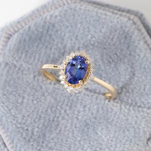 Bague de fiançailles en tanzanite taille ovale en argent sterling 925 plaqué or 14 carats Halo Zircon bague de promesse de mariage de décembre - Product Image 5