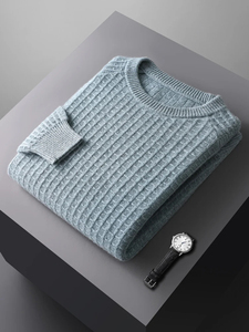 Jersey de Jacquard de punto para hombre de lana merino 100%, suéter informal con cuello redondo, Tops de manga larga para Otoño Invierno, Tops cálidos de Color sólido - Product Image 5