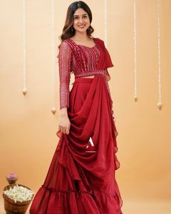Boutique Style Exclusif Fancy Party Wear Faux Georgette Work Lehenga Saree avec chemisier et ceinture de travail lourds - Product Image 5