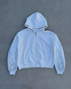 कस्टम गैंडा जैकेट आदमी क्रिस्टल स्ट्रीटवियर ओवरसाइज बैगी एपलिक पैच पुरुषों जिप अप डेनिम हुडी - Product Image 2