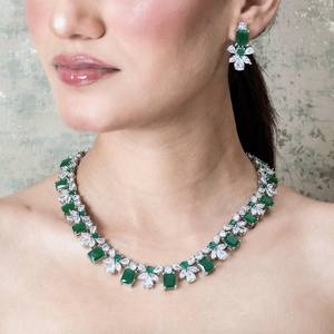 Luxury <b>Emerald</b> Green Onyx <b>Necklace</b> Statement CZ Indian Bridal Jewelry Designer Cubic Zirconia Wedding Gift White Rhodium Plated - Product Image 1