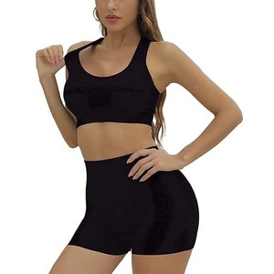 Conjunto de Ropa Interior Deportiva Transpirable para Mujer, Top y Pantalones Cortos de Yoga, Conjunto de Yoga con Logotipo Personalizado, Top y Pantalones Cortos de Yoga Negros de Spandex y Poliéster - Product Image 4