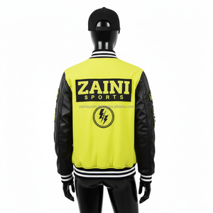 Veste universitaire pour femmes, corps noir, manches en cuir, jaune fluo, style sportif, logo personnalisé, broderie en chenille, veste universitaire pour femmes - Product Image 2