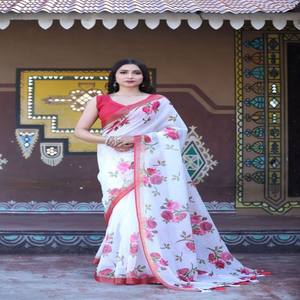 Sari de Lino Premium VASTRA COTTAGE con Borde de Zari Plateado, Estampado Digital y Blusa de Lino con Estampado Digital a Juego - Product Image 2