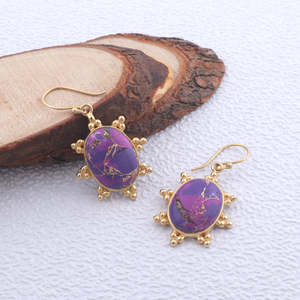 Boucle d'oreille design tortue grande pierre ovale mohave violet cuivre turquoise crochet boucle d'oreille en laiton massif plaqué or pour dames boucle d'oreille goutte - Product Image 4