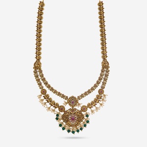 Collar Largo Haaram con Diseño Floral, Chapado en Oro, con Piedra Verde Rubí, Estilo Antiguo, Coleccionable, Joyería Vintage Elegante, 190722 - Product Image 1