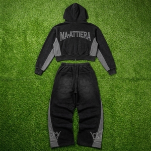 Custom Women Black <b>Cropped</b> Zip Up Hoodie Wide Leg <b>Jogger</b> Set Cotton Fleece Rhinestone Streetwear Tracksuit OEM - Product Image 5