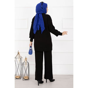 Conjunto Casual de Dos Piezas de Punto Acanalado, Top Halter con Cuello Pescador Negro y Estampado a Rayas, Corte Holgado para Primavera e Invierno - Product Image 5