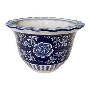 Maceta Grande de Porcelana Azul y Blanca con Borde Ondulado, Maceta de <span class=keywords><strong>Cerámica</strong></span> Esmaltada para Interiores y Exteriores, Venta al por Mayor OEM - Product Image 4