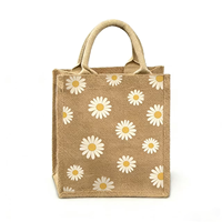 Sac fourre-tout en jute écologique avec logo personnalisé, sacs de courses réutilisables en toile de jute, sacs cadeaux imprimés à motifs floraux, vente en gros OEM/ODM