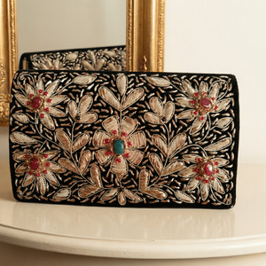 Gulnaar Garden Zardozi Embroidered Evening <b>Clutch</b> Satin Lined Party <b>Bag</b> Floral Square Rhinestone Crystal Brass Pearl Chain - Product Image 5