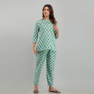 Women's Casual Cotton Floral Print Night <b>Suit</b> Sea Green with Custom Logo Button Closure Soft Woven Fabric for Bridesmaids - Product Image 5