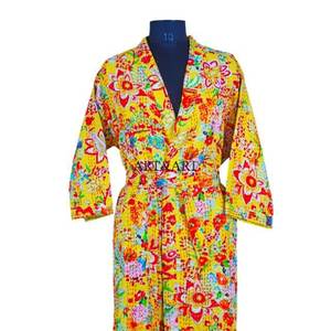 Kimono vintage en coton Kantha pour femme, robe de plage découpée, peignoir de bain, vêtement de nuit, motif floral, pour la maison, été, automne, thermique - Product Image 3