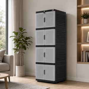 Nandos 4 Stack <b>Mini</b> Cabinet Plastic <b>Wardrobe</b>/Cabinet/Closet with Gray Rattan Hinged Doors for Bedroom Clothing General Storage - Product Image 1