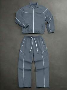 Men's Gray Full Zip Breathable Vintage Solid Tracksuit <b>Set</b> <b>Knitted</b> Polyester Casual Jogger Pants Hooded Collar Jacket Autumn - Product Image 1
