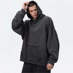 Sudadera con Capucha y Cremallera, Diseño de Empalme Lavado, Felpa Lisa, Color Negro Gris, Estilo Ninja, Gótica, Invierno, Bolsillo Sólido, Personalizable - Product Image 2