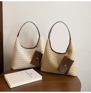 Sac à main élégant en paille tressée avec bandoulière en cuir marron, pochette magnétique, sac fourre-tout décontracté d'été pour femme, accessoire de mode - Product Image 4