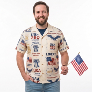 เสื้อเชิ้ตคัมป์คอลลาร์พิมพ์ลายดีไซน์เนอร์ US Freedom Liberty Unity ฉลองครบรอบ 250 ปีสหรัฐอเมริกา สำหรับผู้ชาย - Product Image 3