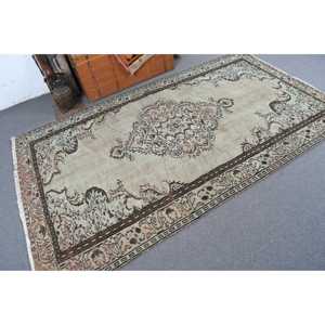 Turkish Vintage Large Rug 5.3x8.3 ft, <b>Brown</b> Gray Check <b>Wool</b> Rug - Product Image 2