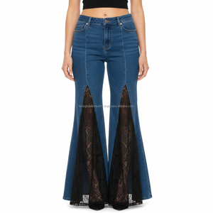 Jean évasé taille haute en dentelle patchwork pour femme, coupe cloche sexy évidée, style streetwear, grandes tailles, personnalisable – Nouvelle collection - Product Image 1