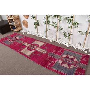 Tapis Vintage Turc Bohème Rose Bleu 2.9 X 10.8ft Laine Matériel Latex Support Rectangulaire Patchwork pour Entrée Chevet - Product Image 1