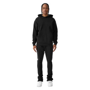 Pantalons de survêtement évasés ensemble de survêtement deux pièces pour hommes couleur noire pull à capuche coton polaire Jogging porter survêtement pour l'hiver - Product Image 1