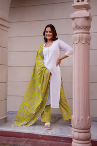 Ensemble Kurta en coton blanc et vert SUNHARI avec dupatta imprimé et pantalon, tenue décontractée pour adultes, à porter pour les fêtes - Product Image 6