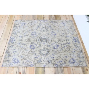 Tapis turc décoratif 4x4,5 pieds, tapis vintage bleu à motifs floraux - Product Image 3