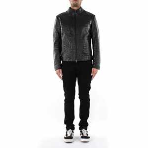 Chaqueta de cuero para hombre de alta calidad con logotipo personalizado Chaqueta bomber de cuero auténtico chapada en cocodrilo negro Servicios OEM - Product Image 3